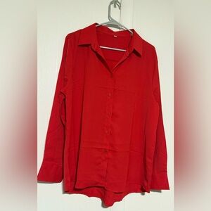 Bold Red Button-Up Women's Blouse Size L